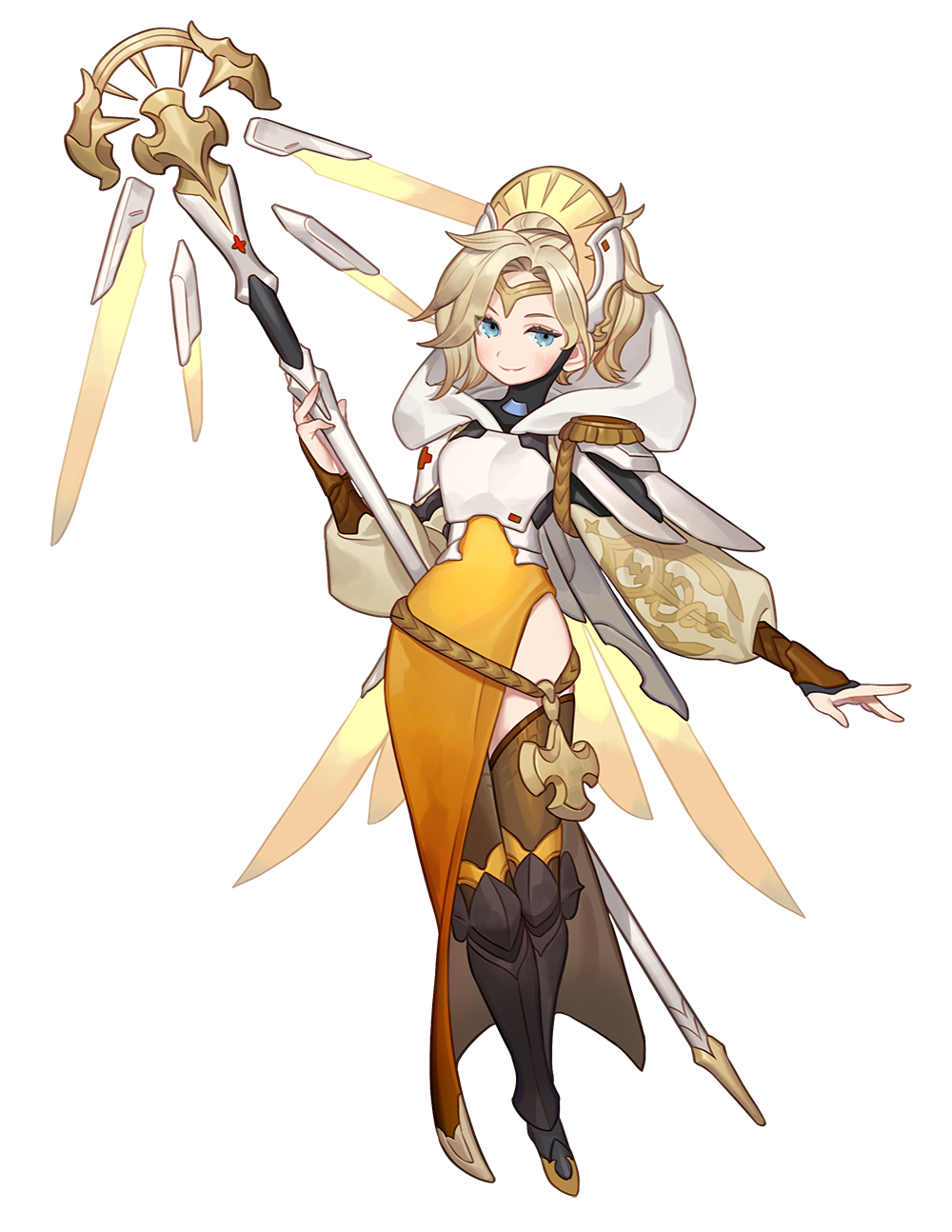 blonde_hair blue_eyes boots full_body gwayo hat_ornament highres hood knee_boots mercy_(overwatch) overwatch puffy_sleeves solo staff thighs transparent_background wings
