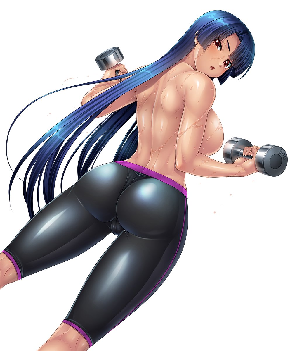 00s 1girl ass back bangs bare_back bike_shorts blue_hair blush breasts cameltoe dumbbell dutch_angle exercise fat_mons female from_behind highres huge_ass impossible_clothes indoors kagami_hirotaka large_breasts lens_flare lilith-soft long_hair looking_at_viewer no_bra open_mouth pants partially_visible_vulva red_eyes shiny shiny_skin skin_tight solo sparkle sportswear sweat taimanin_(series) taimanin_asagi taimanin_asagi_battle_arena taimanin_murasaki topless very_long_hair weights yatsu_murasaki yoga_pants