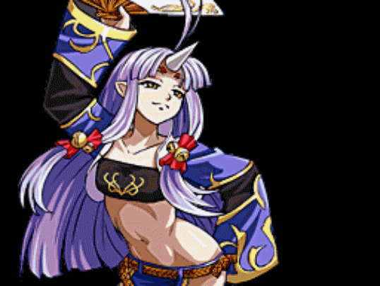 1girl animated animated_gif arm_up banpresto bell black_background blue_hair dancing fan female flat_chest hair_ornament hand_on_hip horn licking licking_lips long_hair lowres midriff nail_polish one_eye_open open_mouth ribbon simple_background solo standing strapless super_robot_wars super_robot_wars_og_saga_mugen_no_frontier suzuka_hime tongue tongue_out tubetop yellow_eyes