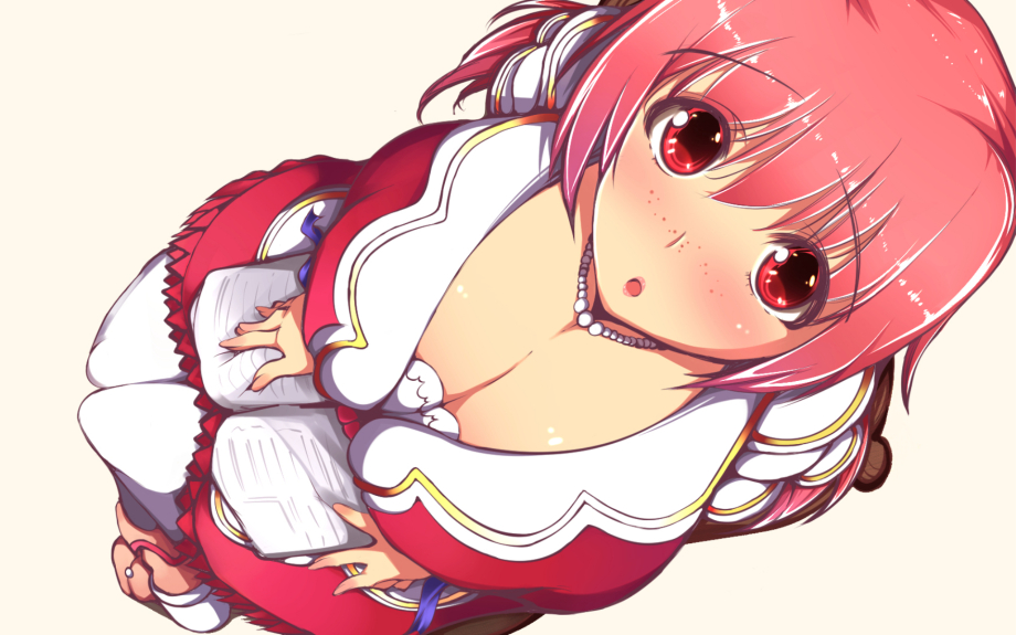 :o blush breasts brown_footwear cleavage flower_knight_girl freckles from_above invisible_chair jewelry large_breasts looking_at_viewer necklace pantyhose red_eyes red_hair red_skirt shoes short_hair sitting skirt solo strawberry_candle_(flower_knight_girl) white_background white_legwear yuuichi_(eunoxline)