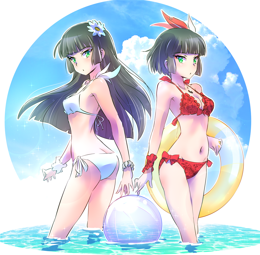 ass ball beachball bikini black_hair bob_cut breasts cleavage cloud cloudy_sky commentary feathers flower green_eyes hair_flower hair_ornament iesupa innertube jewelry long_hair medium_breasts melanie_malachite miltiades_malachite multiple_girls navel necklace red_bikini rwby siblings sisters sky sparkle swimsuit transparent twins wading water white_bikini wristband