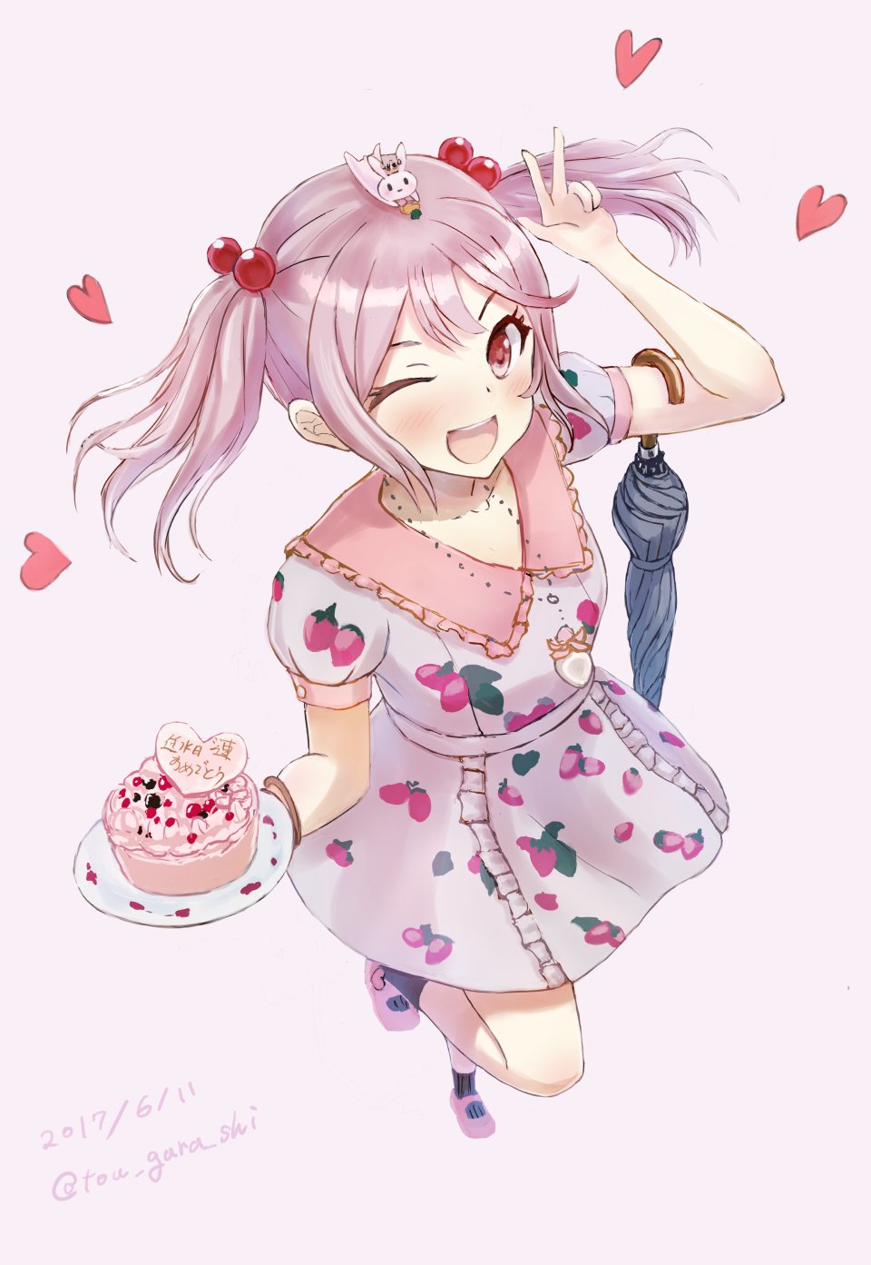 ;d cake dated dress food food_print from_above hair_bobbles hair_ornament highres kantai_collection karashi_(tou_gara_shi) one_eye_closed open_mouth pink_background pink_dress pink_hair red_eyes sazanami_(kantai_collection) school_uniform serafuku short_hair signature simple_background smile solo standing standing_on_one_leg strawberry_print twintails twitter_username umbrella white_background