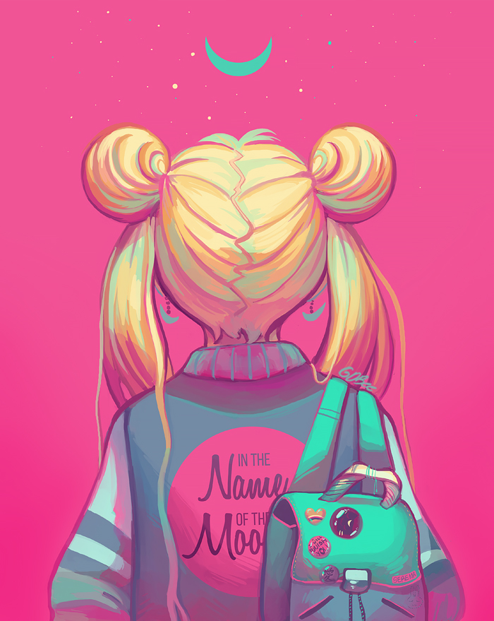 backpack badge bag bishoujo_senshi_sailor_moon blonde_hair button_badge casual crescent crescent_earrings crescent_moon double_bun earrings facing_away from_behind geneva_b jacket jewelry long_hair moon pink_background print_jacket signature simple_background solo tsukino_usagi twintails upper_body