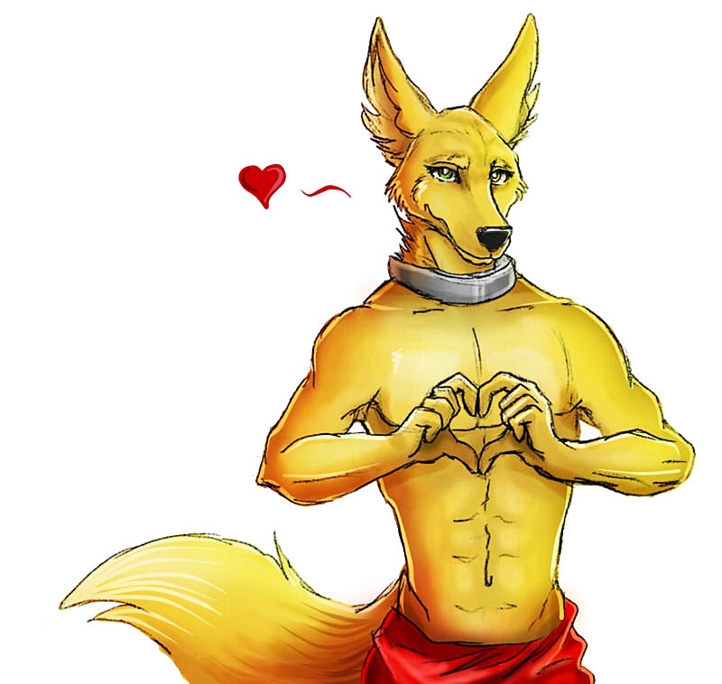 &lt;3 2017 amon anthro black_nose canine clothed clothing collar fur jackal looking_at_viewer male mammal metal_collar muscular red_lantern sellon smile solo topless