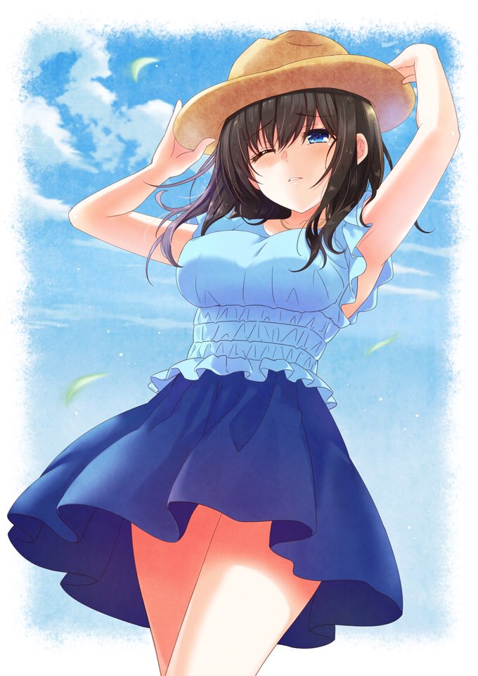 azuki_yui bangs black_hair blue_dress blue_eyes blue_shirt blush border breasts cloud cloudy_sky commentary_request day dress eyebrows_visible_through_hair frilled_shirt frills hair_between_eyes hands_on_headwear hands_up hat idolmaster idolmaster_cinderella_girls idolmaster_cinderella_girls_starlight_stage jewelry large_breasts long_hair necklace one_eye_closed outdoors outside_border parted_lips rounded_corners sagisawa_fumika shirt short_sleeves sky solo thighs white_border wind wind_lift