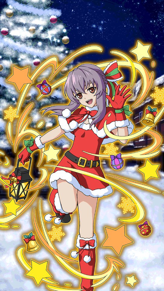 :d boots bow bowtie brown_eyes capelet christmas christmas_tree dress floating_hair gloves hair_between_eyes hair_bow head_tilt hiiragi_shinoa holding_lantern knee_boots lantern leg_up long_hair looking_at_viewer night open_mouth outdoors owari_no_seraph purple_hair red_bow red_capelet red_dress red_footwear red_gloves red_neckwear santa_boots santa_costume santa_gloves short_dress sky sleeveless sleeveless_dress smile snow solo standing standing_on_one_leg star_(sky) starry_sky striped striped_bow