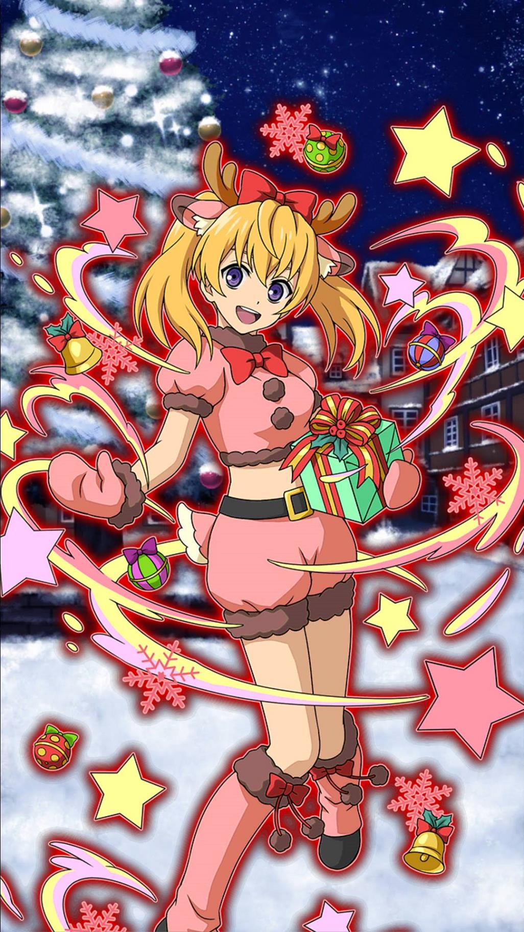 :d animal_ears antlers bell blonde_hair boots bow bowtie box christmas christmas_tree crop_top gift gift_box gloves hair_between_eyes hair_bow highres holding holding_box kneehighs long_hair looking_at_viewer midriff night open_mouth orange_bow outdoors owari_no_seraph pink_gloves pink_legwear pink_shorts purple_eyes red_bow red_neckwear reindeer_antlers reindeer_ears reindeer_tail sanguu_mitsuba santa_boots santa_gloves short_shorts short_sleeves shorts sky smile snow solo star star_(sky) starry_sky stomach tail twintails