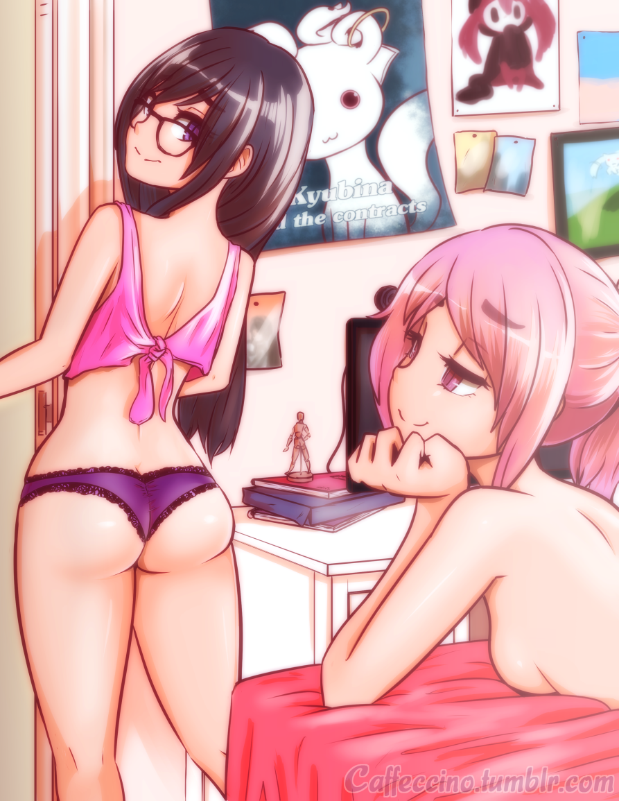 akemi_homura ass back bare_arms bare_shoulders black_hair breasts caffeccino charlotte_(madoka_magica) chin_rest crop_top eyebrows eyebrows_visible_through_hair from_behind from_side glasses half-closed_eyes indoors kaname_madoka kyubey long_hair looking_at_another looking_back lying mahou_shoujo_madoka_magica midriff multiple_girls nude on_bed on_stomach panties pink_hair ponytail poster_(object) purple_eyes purple_panties sideboob small_breasts smile standing tumblr_username underwear underwear_only watermark web_address yuri