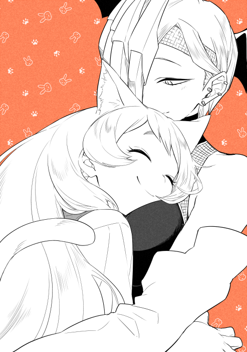 2girls animal_ears animal_print bare_shoulders boku_no_hero_academia breast_smother breasts bunny_print cat_ears cat_tail ear_piercing elbow_gloves eyes_closed gloves hadou_nejire hair_over_one_eye half-closed_eyes happy hug long_hair maneki-neko_(fujifuji) monochrome multiple_girls paw_print piercing ryuukyuu sleeveless smile tail