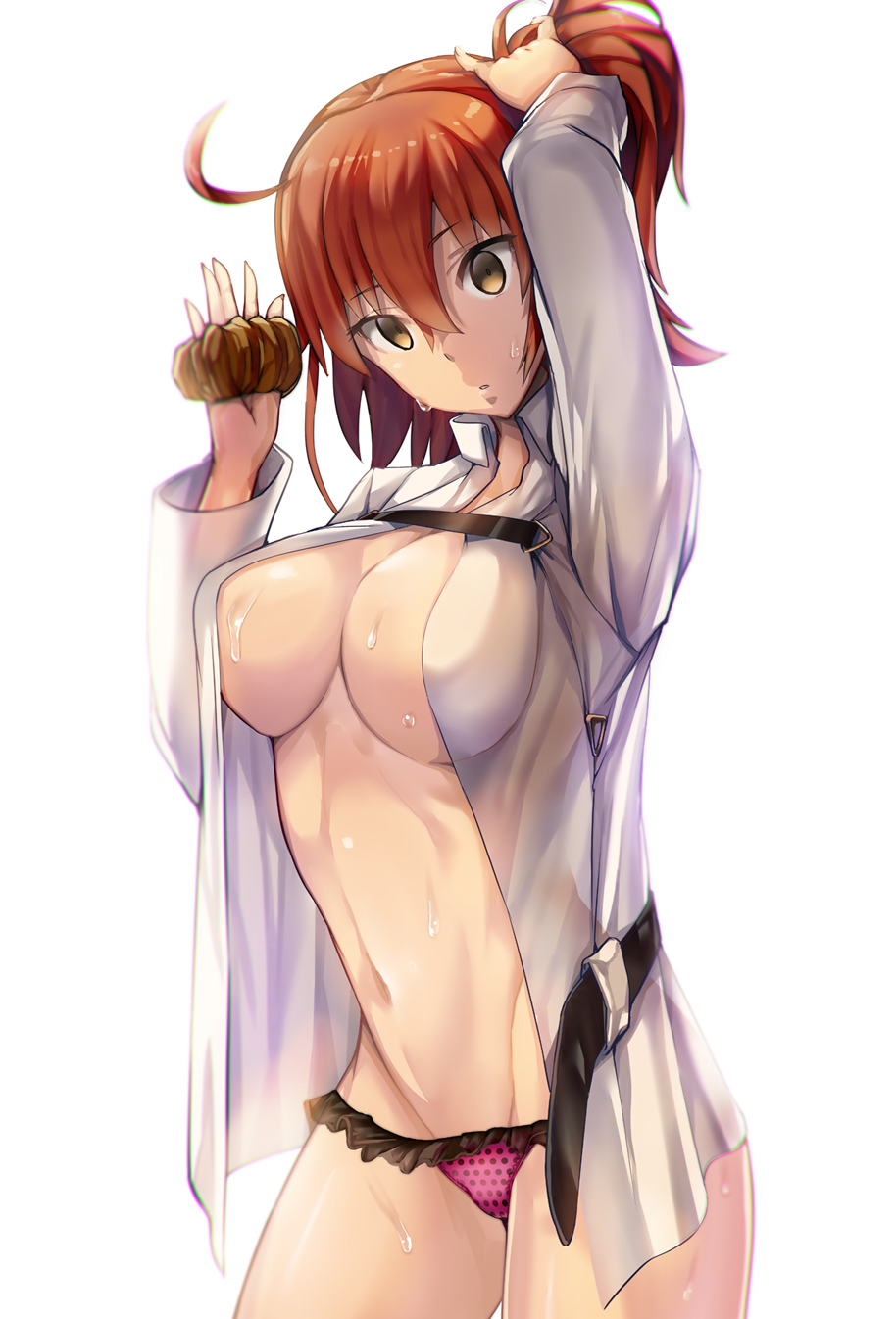 ahoge arm_up backlighting bangs breasts brown_eyes commentary cowboy_shot eyebrows_visible_through_hair fate/grand_order fate_(series) frilled_panties frills fujimaru_ritsuka_(female) hair_between_eyes hair_ornament hair_scrunchie hand_up highres large_breasts looking_at_viewer open_clothes open_shirt orange_scrunchie panties parted_lips polka_dot polka_dot_panties purple_panties red_hair satou_daiji scrunchie shirt simple_background solo thighs tying_hair underwear wet white_background