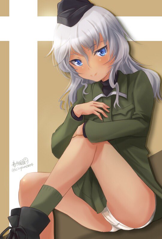 ankle_boots artist_name bangs black_footwear black_hat blue_eyes boots closed_mouth garrison_cap giuseppina_ciuinni green_jacket green_legwear haruhata_mutsuki hat jacket leg_hug long_hair long_sleeves looking_at_viewer military military_hat military_uniform no_pants panties pantyshot pantyshot_(sitting) signature silver_hair sitting smile socks solo twitter_username underwear uniform white_panties world_witches_series