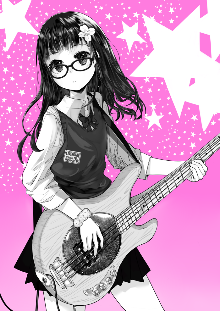 bangs bass_guitar commentary_request cowboy_shot glasses greyscale instrument kakoben_(mudvana) long_hair looking_at_viewer monochrome music music_man_stingray original parted_lips pink_background playing_instrument school_uniform scrunchie sleeves_rolled_up solo star starry_background sweater_vest wrist_scrunchie