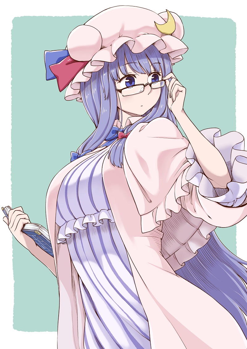 adjusting_eyewear bespectacled blue_bow book bow capelet crescent crescent_hair_ornament dress glasses hair_bow hair_ornament hat holding holding_book long_hair looking_away mob_cap patchouli_knowledge poronegi purple_eyes purple_hair red_bow solo striped striped_dress touhou very_long_hair