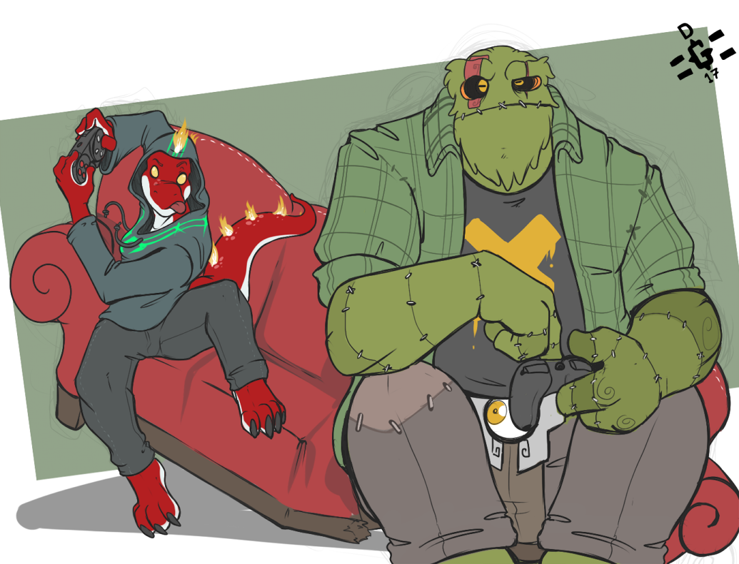 anthro clothed clothing dannyg duo hoodie lizard male monster overweight reptile scalie tongue tongue_out undead video_games