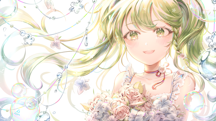 blush bouquet braid bubble collarbone eyebrows_visible_through_hair flower green_eyes green_hair hatsune_miku long_hair looking_at_viewer ozzingo parted_lips rose smile solo teeth twintails vocaloid