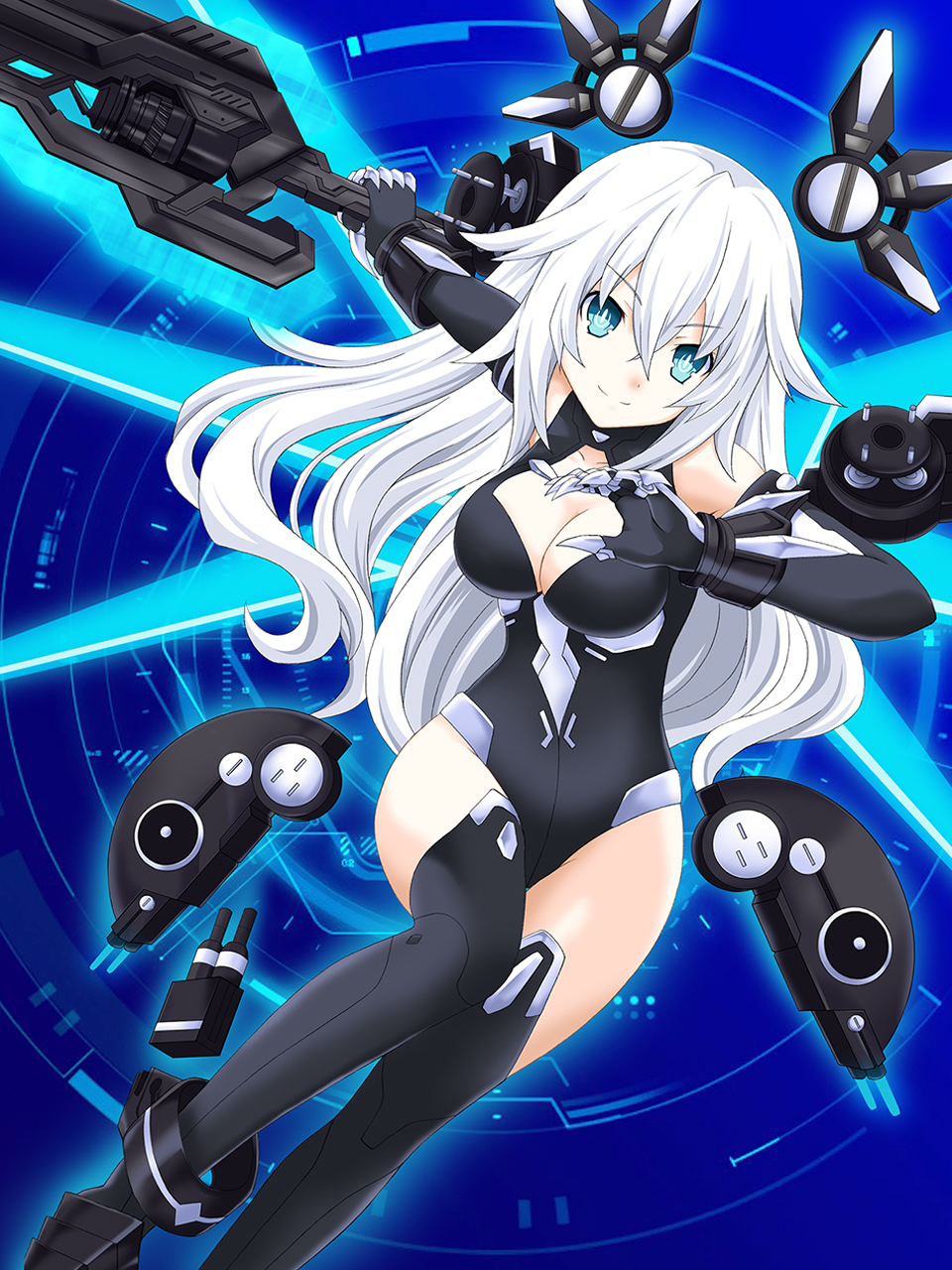 bare_shoulders black_heart blue_eyes blush breasts cleavage gloves highres kagura_ittou leotard long_hair looking_at_viewer medium_breasts neptune_(series) smile solo sword symbol-shaped_pupils very_long_hair weapon white_hair
