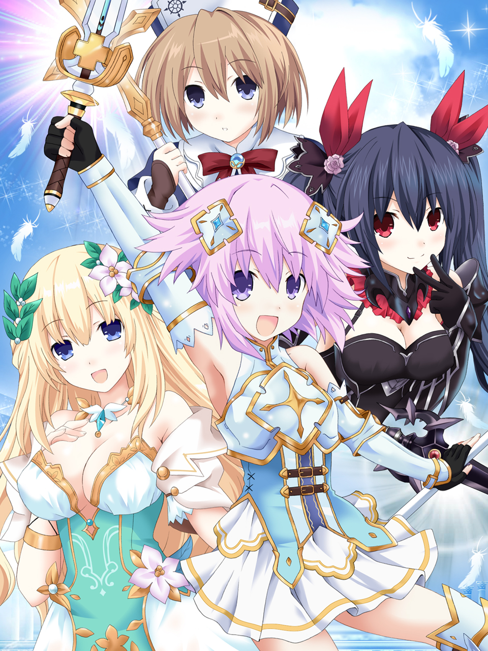 arms_up bare_shoulders black_hair blanc blonde_hair blue_background blue_eyes blush breasts brown_hair cleavage closed_mouth cloud cloudy_sky day detached_sleeves dress fantasy fingerless_gloves four_goddesses_online:_cyber_dimension_neptune garter_straps gauntlets gloves hair_ornament hat highres holding holding_weapon jewelry kagura_ittou lance large_breasts lingerie long_hair long_sleeves looking_at_viewer multiple_girls neptune_(choujigen_game_neptune) neptune_(series) noire one_eye_closed open_mouth pink_hair pleated_skirt polearm purple_eyes purple_hair red_eyes ribbon sandals short_hair simple_background skirt sky smile spear staff standing sword thighhighs tied_hair twintails underwear vert very_long_hair weapon