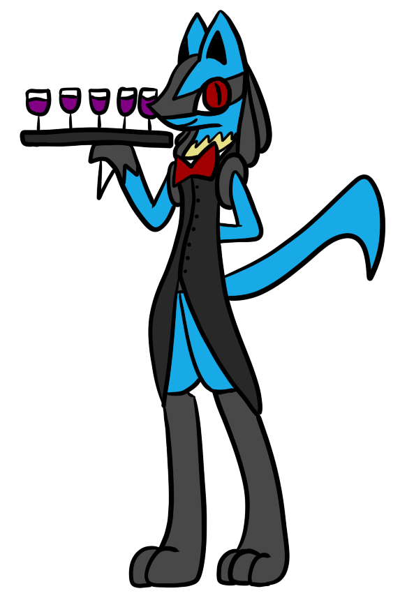 alcohol alpha_channel ambiguous_gender beverage bow_tie butler clothing kekanitheavali lucario nintendo pok&eacute;mon red_eyes simple_background smile solo suit transparent_background video_games wine