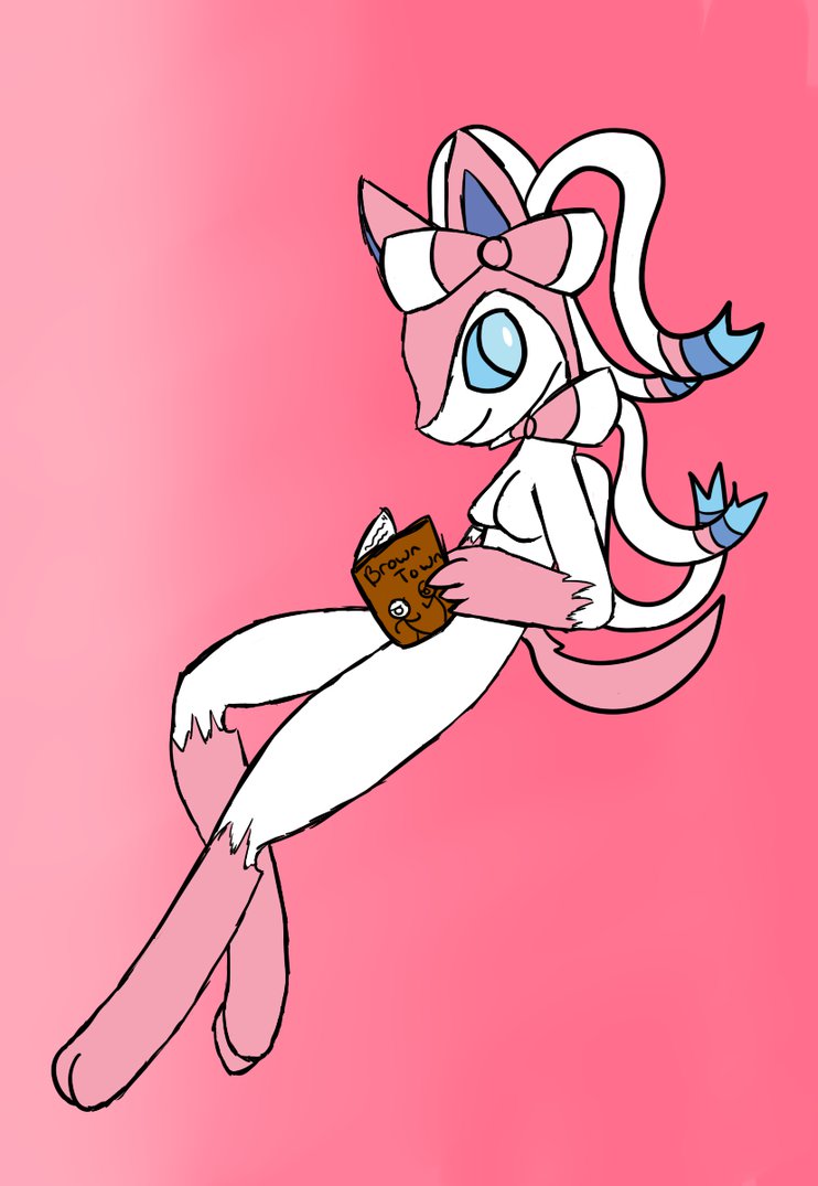 anthro anthrofied breasts comic_book eeveelution featureless_breasts female gradient_background kekanitheavali nintendo nude pok&eacute;mon reading simple_background smile solo sylveon video_games