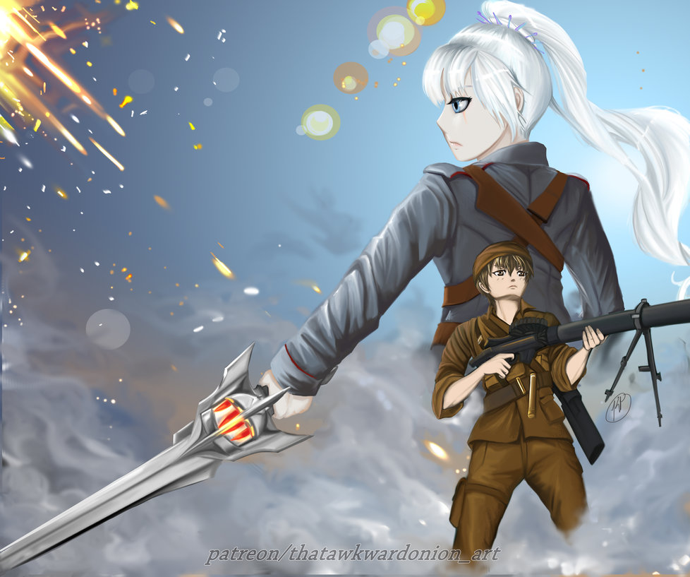 2girls america american battlefield_(series) battlefield_1 blue_eyes brown_eyes brown_hair conquer_hell crossover german girls_und_panzer long_hair military multiple_girls naomi_(girls_und_panzer) poster rwby scar sword thatawkwardonion tomboy weiss_schnee white_hair world_war_i world_war_one wwi