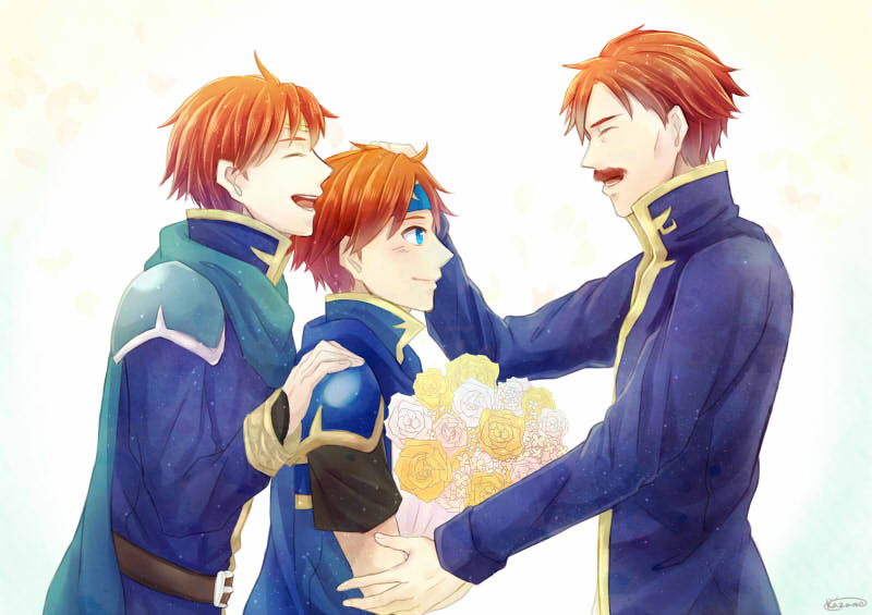 armor blue_eyes cape closed_eyes elbert_(fire_emblem) eliwood_(fire_emblem) facial_hair father_and_son fire_emblem fire_emblem:_fuuin_no_tsurugi fire_emblem:_rekka_no_ken fire_emblem_heroes grandfather_and_grandson headband kazame male_focus multiple_boys mustache older red_hair roy_(fire_emblem) short_hair smile white_background