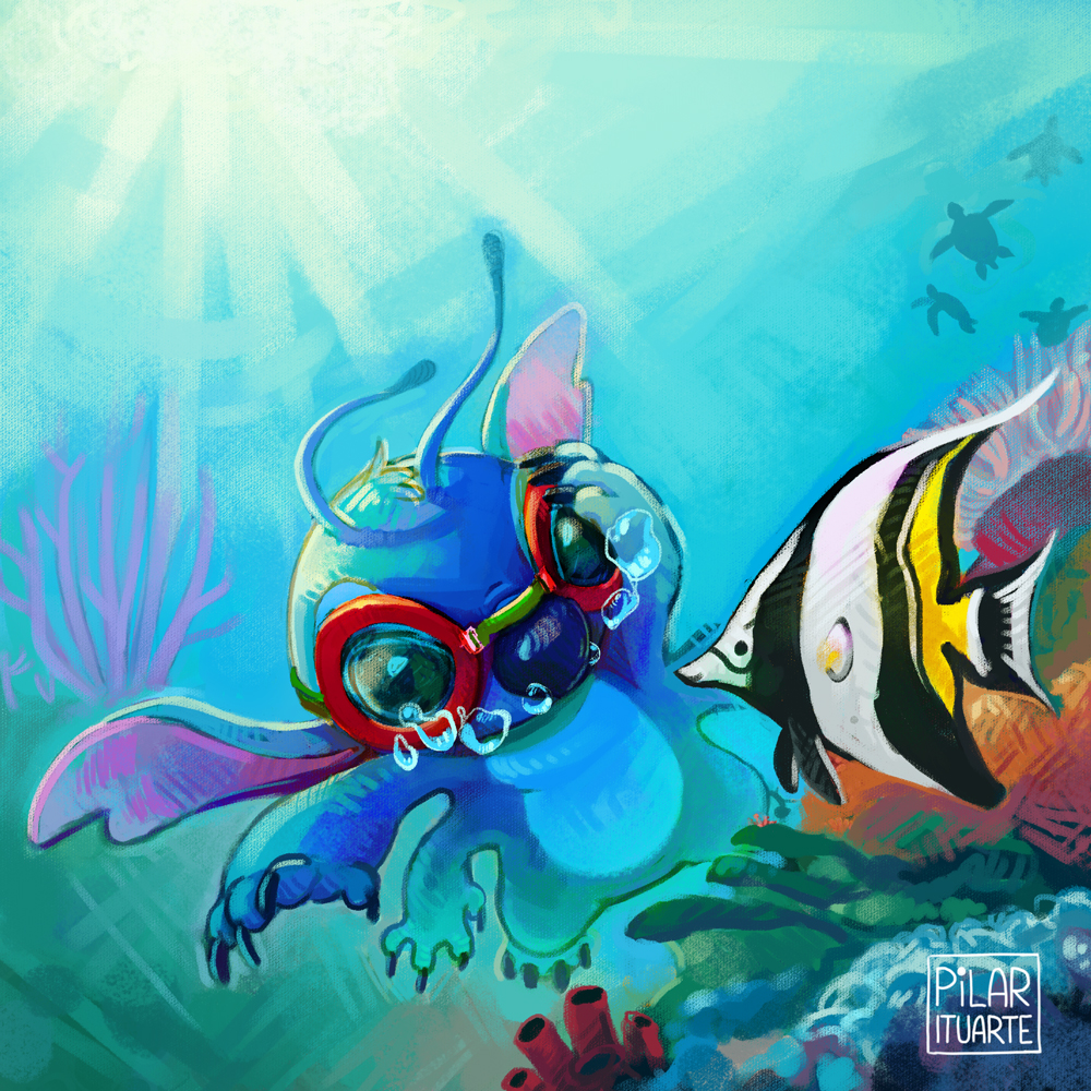 2015 4_arms 4_fingers 4_toes alien angelfish antennae blue_claws blue_fur blue_nose bubble claws coral coral_reef detailed_background digital_media_(artwork) digital_painting_(artwork) disney experiment_(species) eyewear feral fish fur goggles head_tuft lilo_and_stitch marine multi_arm multi_limb notched_ear pilarii reptile scalie sea semi-anthro stitch swimming toes turtle underwater water watermark