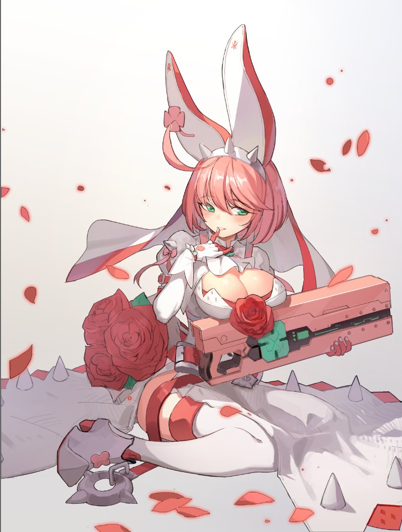 bouquet breasts cleavage cleavage_cutout dress elphelt_valentine finger_to_mouth flower gloves guilty_gear guilty_gear_xrd hairband large_breasts pink_hair rose seinen short_hair thighhighs veil