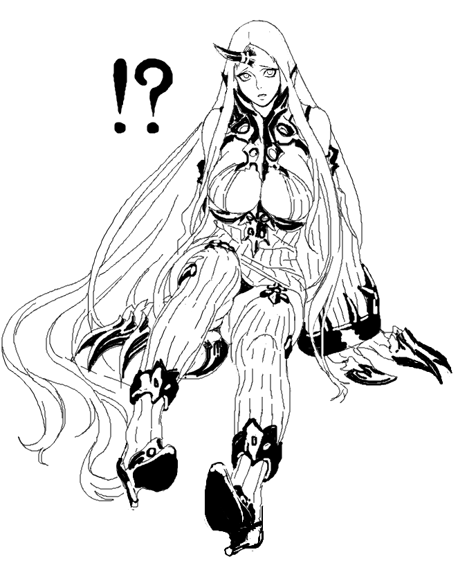 !? 1girl absurdly_long_hair boots breasts claws cleavage collar cosmic_bear detached_sleeves dress full_body greyscale high_collar high_heel_boots high_heels horn kantai_collection large_breasts lineart long_hair looking_at_viewer monochrome ribbed_dress seaport_water_oni shinkaisei-kan short_dress sitting solo spoken_exclamation_mark thigh_boots thighhighs very_long_hair