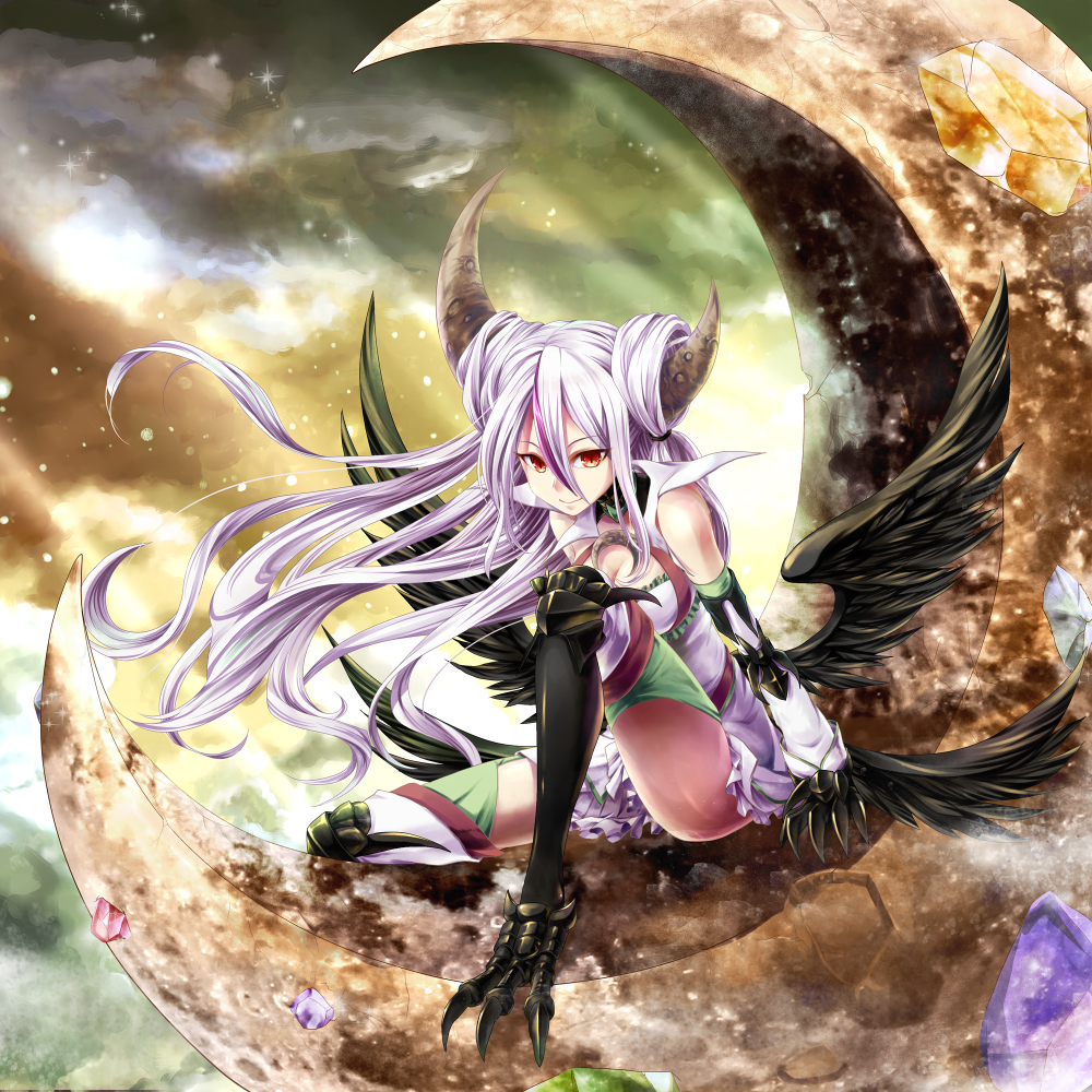 &gt;:) asymmetrical_horns bare_shoulders black_wings breasts character_request claws cleavage closed_mouth commentary_request crescent detached_sleeves dress feathered_wings full_body greaves hair_between_eyes horns lavender_hair long_hair looking_at_viewer lord_of_vermilion lord_of_vermilion_iii medium_breasts multiple_wings red_eyes short_dress sitting smile solo talons thighhighs v-shaped_eyebrows very_long_hair white_dress wings yue_(pixiv2547)