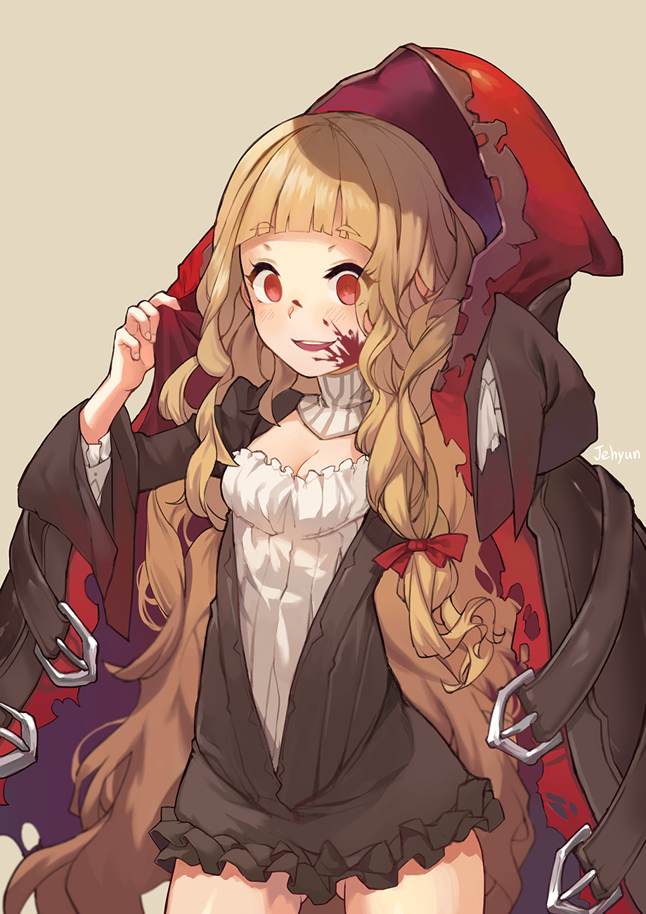 adjusting_clothes ass_visible_through_thighs bangs blonde_hair blood blood_on_face blunt_bangs breasts brown_background cleavage cloak cowboy_shot empty_eyes eyebrows_visible_through_hair eyes_visible_through_hair highres hood hooded_cloak jehyun little_red_riding_hood_(sinoalice) long_hair long_sleeves open_mouth red_eyes simple_background sinoalice small_breasts very_long_hair