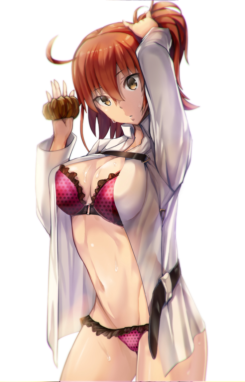 ahoge arm_up backlighting bangs bra breasts brown_eyes commentary_request cowboy_shot eyebrows_visible_through_hair fate/grand_order fate_(series) frilled_panties frills fujimaru_ritsuka_(female) hair_between_eyes hair_ornament hair_scrunchie hand_up highres large_breasts looking_at_viewer open_clothes open_shirt orange_scrunchie panties parted_lips polka_dot polka_dot_panties purple_bra purple_panties red_hair satou_daiji scrunchie shirt simple_background solo thighs tying_hair underwear wet white_background