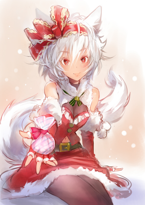 alternate_costume animal_ears bare_shoulders belt bow fingerless_gloves giving gloves hair_bow inubashiri_momiji looking_at_viewer matsuda_(matsukichi) messy_hair navel pantyhose pom_pom_(clothes) red_eyes santa_costume short_hair smile snowing solo tail touhou white_hair wolf_ears wolf_tail