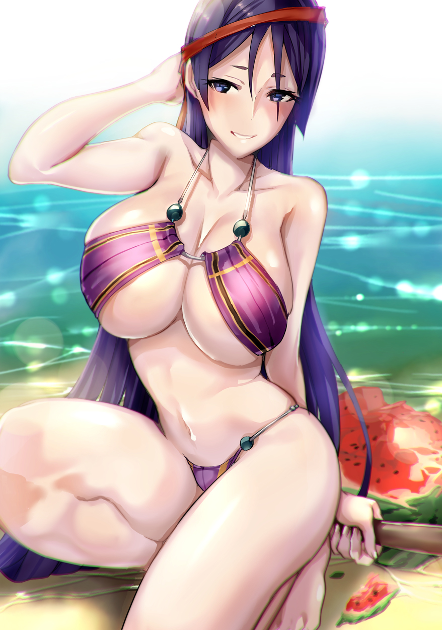 alternate_costume arm_behind_head bare_arms bare_legs bare_shoulders barefoot beach bikini breasts cleavage day fate/grand_order fate_(series) food fruit highres holding huge_breasts kneeling lips long_hair looking_at_viewer minamoto_no_raikou_(fate/grand_order) navel ocean outdoors parted_lips purple_bikini purple_eyes purple_hair sand satou_daiji short_eyebrows sideboob sitting skindentation smile solo stomach swimsuit underboob very_long_hair water watermelon
