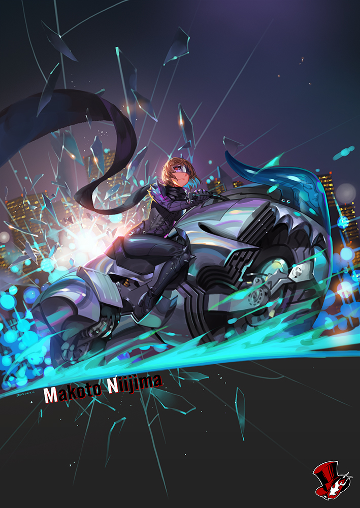 alphonse_(white_datura) armor biker_clothes bikesuit black_scarf bodysuit broken_glass brown_hair character_name city city_lights cityscape driving full_body glass glass_shards gloves glowing glowing_eye ground_vehicle joanna_(persona_5) lens_flare logo looking_at_viewer mask motor_vehicle motorcycle night night_sky niijima_makoto persona persona_5 red_eyes scarf short_hair sitting sky smile spikes