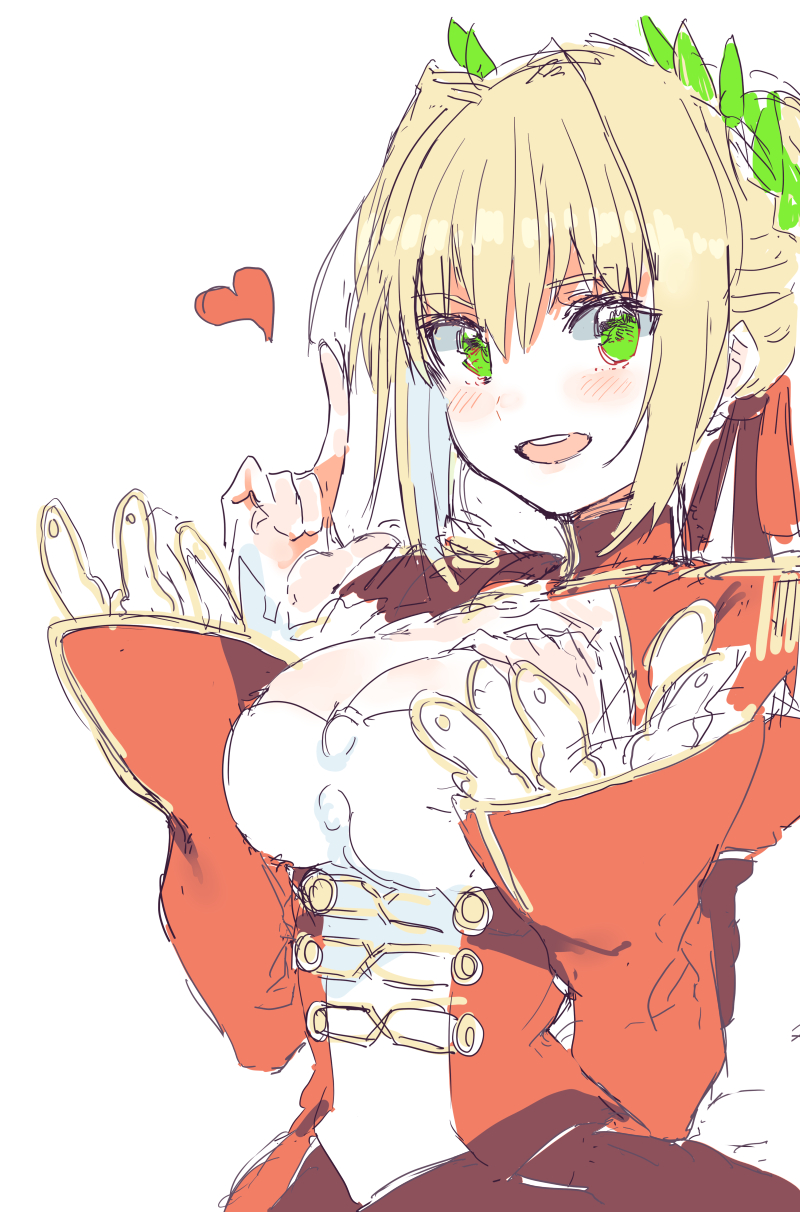 bangs blonde_hair breasts dress epaulettes eyebrows_visible_through_hair fate/extra fate_(series) green_eyes hair_intakes heart highres index_finger_raised large_breasts nero_claudius_(fate) nero_claudius_(fate)_(all) pinch_(nesume) red_dress sidelocks simple_background sketch solo upper_body white_background