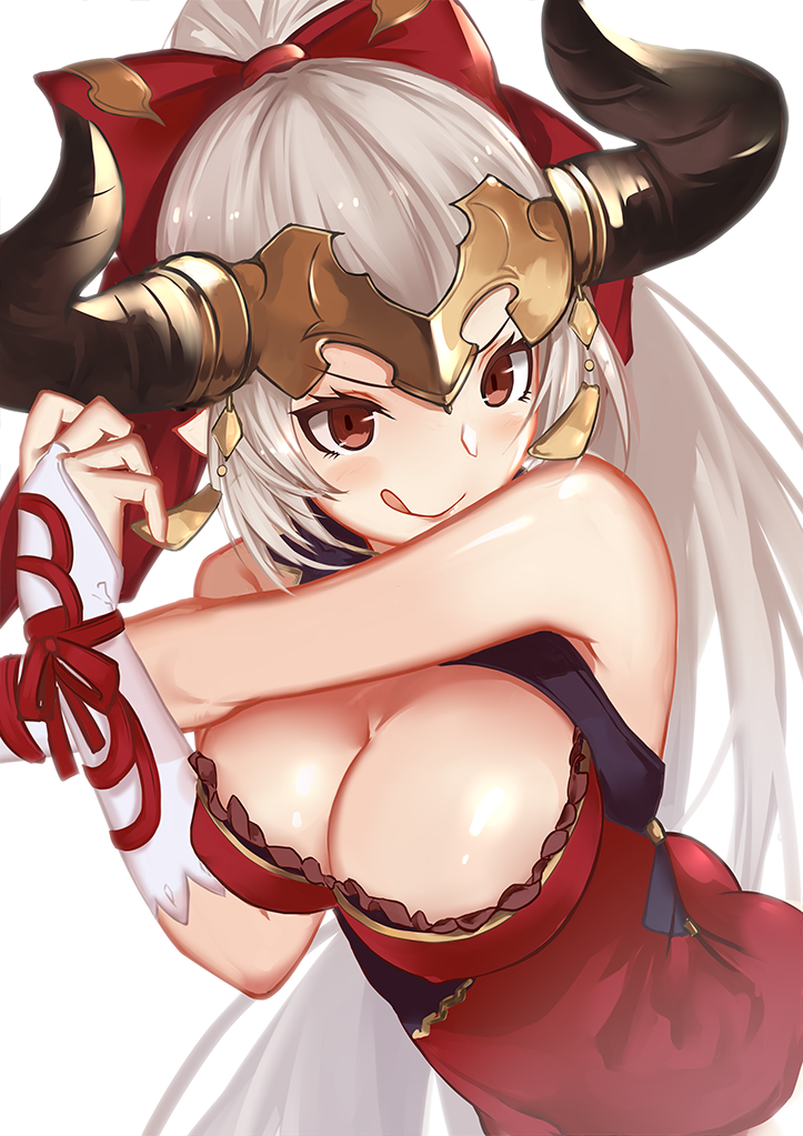 :q aliza_(granblue_fantasy) blush breasts bridal_gauntlets cleavage draph earrings granblue_fantasy hair_pulled_back hair_ribbon headpiece horns jewelry large_breasts long_hair pointy_ears ponytail ramuda_(guilty931) red_eyes ribbon silver_hair simple_background smile solo tongue tongue_out white_background