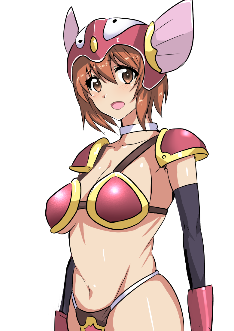 :d armor arms_at_sides bangs bikini_armor blush breasts brown_eyes brown_hair choker collarbone commentary_request cosplay cowboy_shot dragon_quest dragon_quest_iii girls_und_panzer gloves graphite_(medium) groin helmet koujun_(mugenzero) looking_at_viewer medium_breasts navel nib_pen_(medium) nishizumi_miho open_mouth pauldrons red_gloves short_hair smile soldier_(dq3) soldier_(dq3)_(cosplay) solo stomach traditional_media underboob winged_helmet