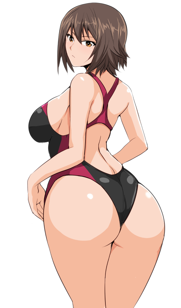 ass bangs bikini blush breasts brown_eyes brown_hair commentary_request competition_swimsuit cowboy_shot from_behind girls_und_panzer koujun_(mugenzero) large_breasts looking_at_viewer looking_back nishizumi_maho one-piece_swimsuit shiny shiny_skin short_hair sideboob solo swimsuit