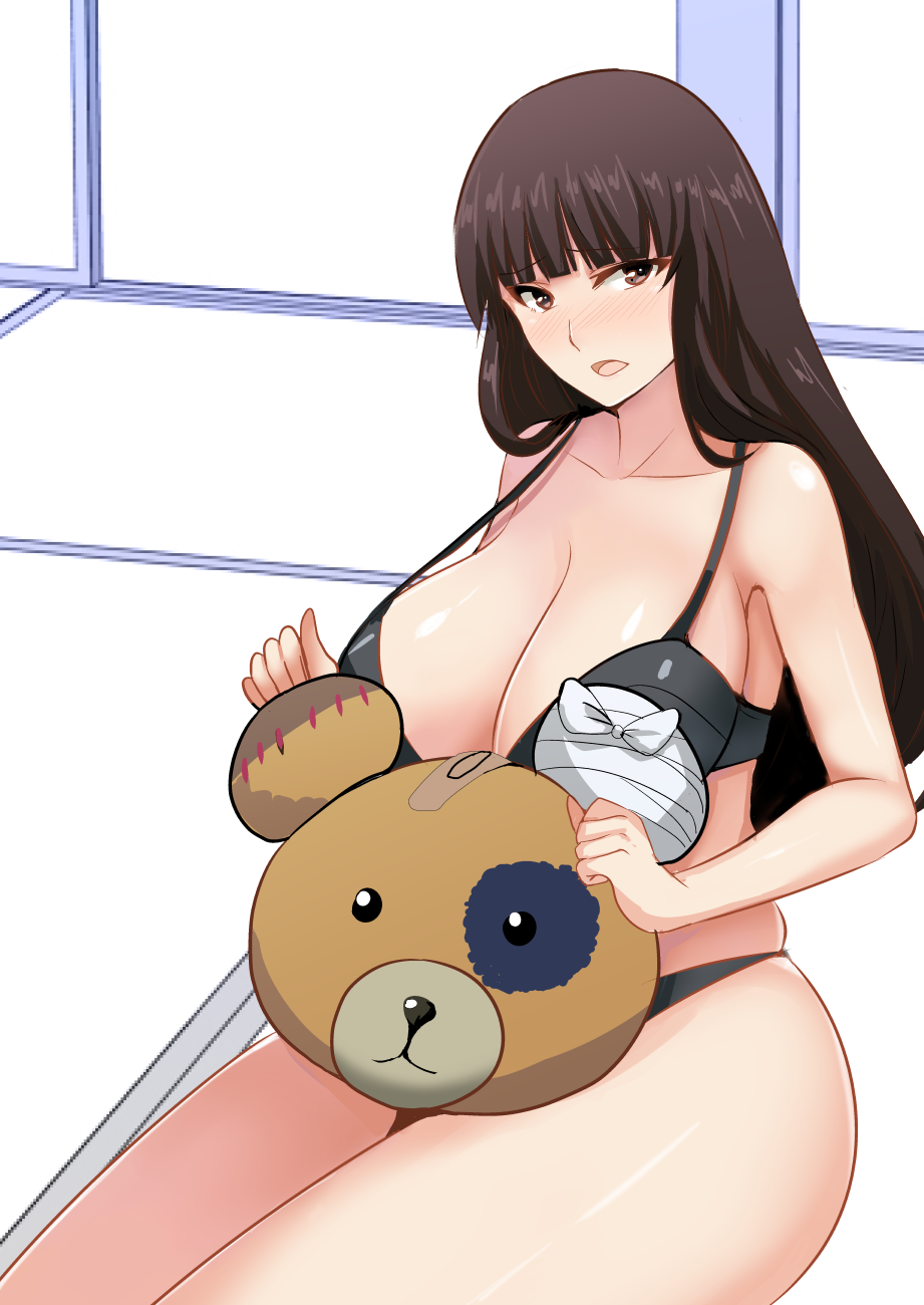 bangs bare_arms bare_shoulders bikini black_bikini black_eyes black_hair blunt_bangs blush boko_(girls_und_panzer) breasts cleavage collarbone girls_und_panzer graphite_(medium) highres koujun_(mugenzero) large_breasts long_hair looking_at_viewer mature nib_pen_(medium) nishizumi_shiho nose_blush open_mouth sitting solo stuffed_animal stuffed_toy swimsuit teddy_bear traditional_media