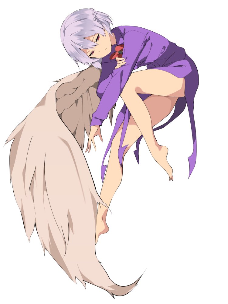 barefoot bow bowtie closed_mouth commentary_request dress feathered_wings full_body grey_wings hair_between_eyes half_updo hasebe_yuusaku kishin_sagume long_sleeves looking_at_viewer purple_dress red_bow red_eyes red_neckwear short_hair silver_hair single_wing solo touhou wings