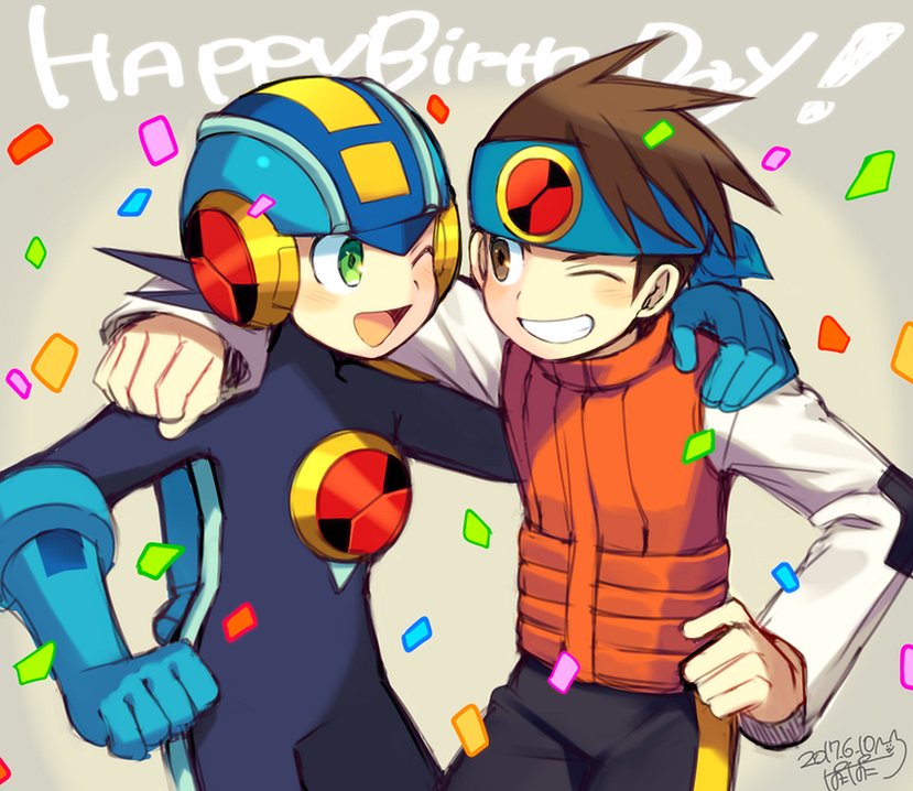 arm_around_neck black_hair blush brown_hair commentary_request confetti dated green_eyes hand_on_another's_shoulder happy_birthday headband hikari_netto iroyopon multiple_boys one_eye_closed open_mouth rockman rockman_exe rockman_exe_(character) short_hair signature smile teeth