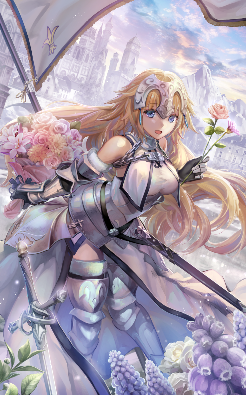 :d architecture armor armored_boots armored_dress blonde_hair blue_eyes boots bouquet breasts building chain cloud commentary_request day fate/apocrypha fate/grand_order fate_(series) flag flagpole flower flower_request fur_trim gauntlets headpiece highres holding holding_bouquet holding_flower jeanne_d'arc_(fate) jeanne_d'arc_(fate)_(all) leaning_forward lily_(flower) long_hair looking_at_viewer medium_breasts mountain open_mouth outdoors pink_flower pink_rose revision rose scenery sheath sky smile solo sword torino_akua weapon white_flower white_rose