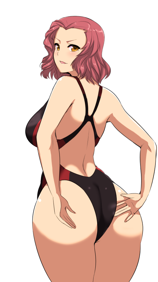 &gt;:) ass bare_arms bare_shoulders breasts brown_eyes commentary_request competition_swimsuit cowboy_shot from_behind girls_und_panzer koujun_(mugenzero) large_breasts looking_at_viewer looking_back one-piece_swimsuit parted_lips red_hair rosehip short_hair smile solo swimsuit v-shaped_eyebrows