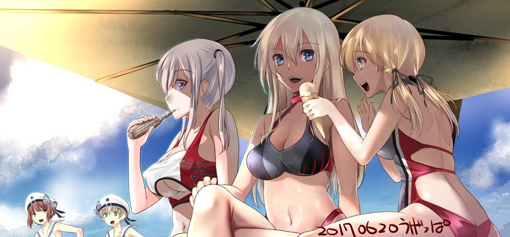 :d alternate_costume anchor_hair_ornament artist_name back bangs bare_back bare_shoulders beach_umbrella beret bikini_top bismarck_(kantai_collection) black_bikini_top black_ribbon blue_eyes blue_sky blunt_bangs blush bow breasts butt_crack casual_one-piece_swimsuit closed_mouth clothes_writing cloud commentary_request covered_nipples crossed_legs dated day drinking eyebrows_visible_through_hair food graf_zeppelin_(kantai_collection) green_eyes hair_ornament hair_ribbon hair_tie hand_on_own_knee hat hat_bow ice_cream ice_cream_cone kantai_collection large_breasts long_hair low_twintails multiple_girls navel no_headwear one-piece_swimsuit open_mouth outdoors prinz_eugen_(kantai_collection) profile purple_eyes red_eyes red_hair ribbon round_teeth sailor_collar short_hair shoulder_blades sidelocks signature silver_hair sky smile stomach striped striped_bow swimsuit teeth twintails ugeppa umbrella underboob underboob_cutout upper_body white_hat z1_leberecht_maass_(kantai_collection) z3_max_schultz_(kantai_collection)