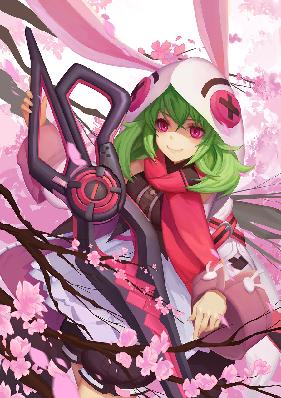 blush eyebrows_visible_through_hair forever_7th_capital green_hair highres holding holding_sword holding_weapon hood long_sleeves looking_at_viewer petals pink_eyes short_hair smile solo sword weapon youxuemingdie