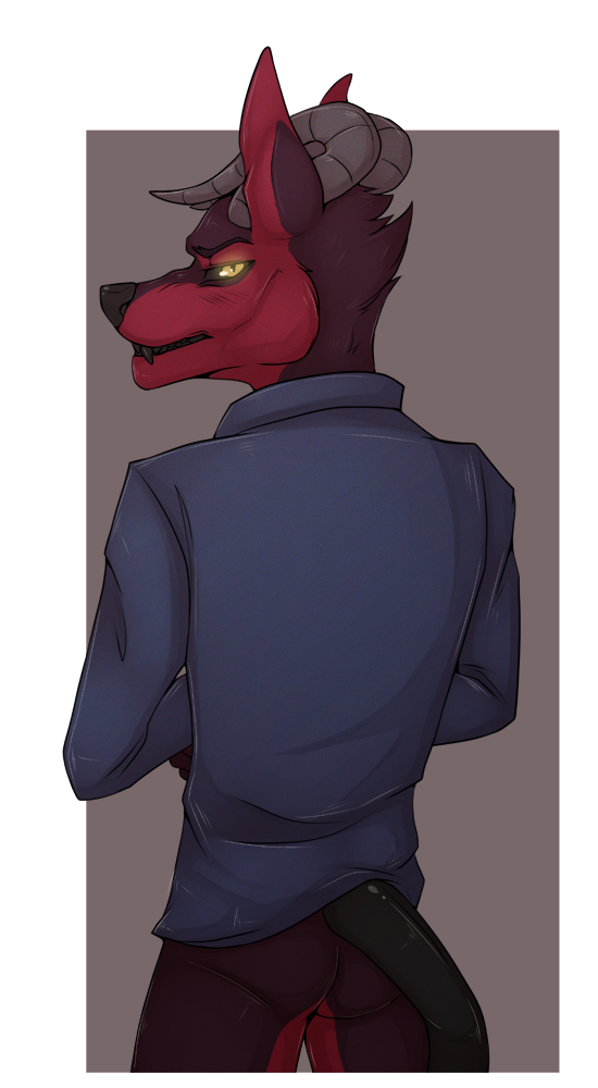 anthro blush bottomless butt canine clothed clothing embarrassed hellhound horn ikazu invalid_tag looking_at_viewer male male/male mammal officer pants_down partially_clothed police shy uniform