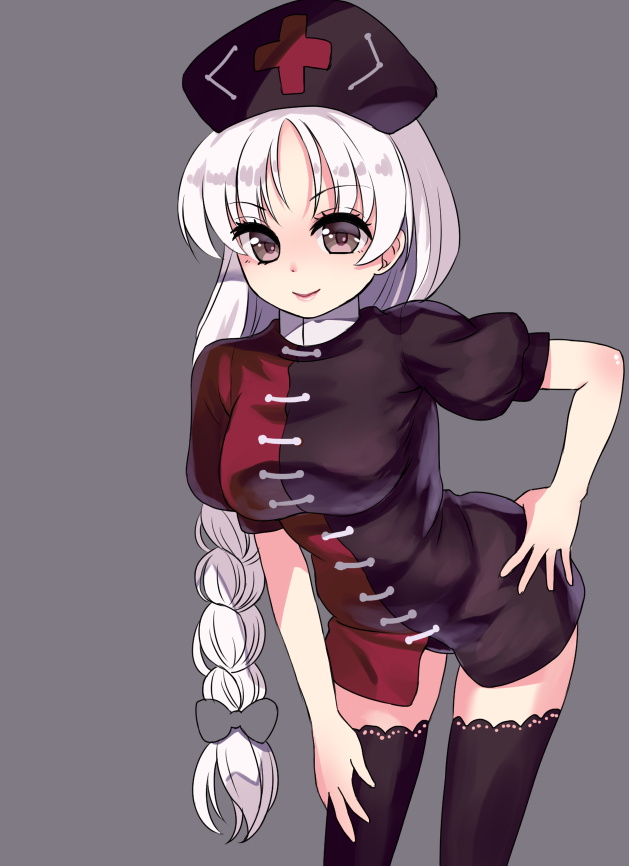 adapted_costume alternate_color alternate_eye_color black_dress black_legwear black_panties blush bow braid breasts cross_print douji dress eyebrows_visible_through_hair eyes_visible_through_hair grey_background hair_bow hand_on_hip hand_on_own_thigh hat lace lace-trimmed_thighhighs lavender_eyes leaning_forward long_hair looking_at_viewer medium_breasts multicolored multicolored_clothes multicolored_dress nose_blush nurse_cap panties pantyshot pantyshot_(standing) pink_lips puffy_short_sleeves puffy_sleeves red_dress shiny shiny_hair shiny_skin short_dress short_sleeves simple_background single_braid smile solo standing thighhighs thighs touhou underwear very_long_hair white_hair yagokoro_eirin