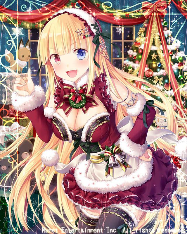 bell black_legwear blonde_hair blue_eyes blush bow breasts christmas christmas_ornaments christmas_tree christmas_wreath cleavage detached_sleeves eyebrows_visible_through_hair falkyrie_no_monshou fang green_ribbon hand_on_hip hat headdress heterochromia index_finger_raised large_breasts long_hair looking_at_viewer natsumekinoko official_art open_mouth red_bow red_eyes red_hat red_ribbon ribbon santa_costume santa_hat smile stuffed_animal stuffed_fox stuffed_toy teddy_bear thighhighs wreath