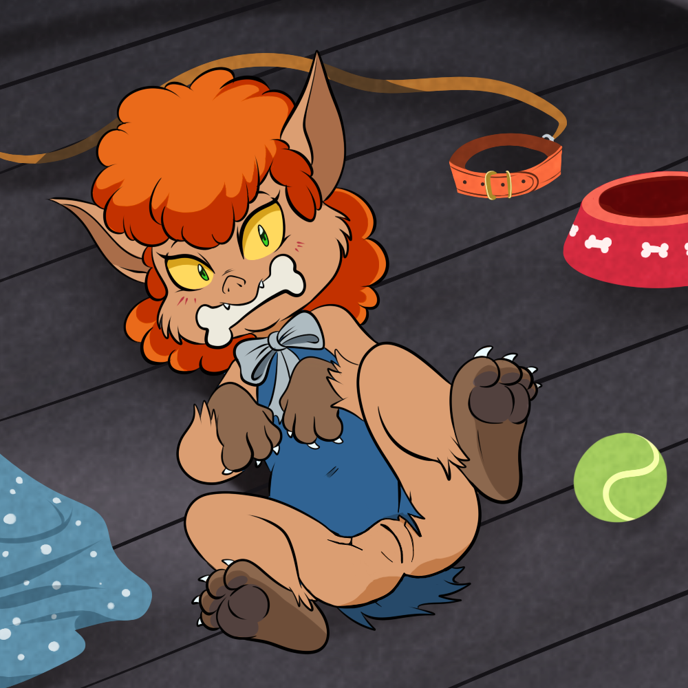 anthro blush bone canine collar cub dog_toy fangs female ghoul_school green_eyes hair leash lonbluewolf looking_at_viewer mammal orange_hair petplay puppyplay pussy roleplay scooby-doo_(series) solo were werewolf winnie_werewolf yellow_sclera young