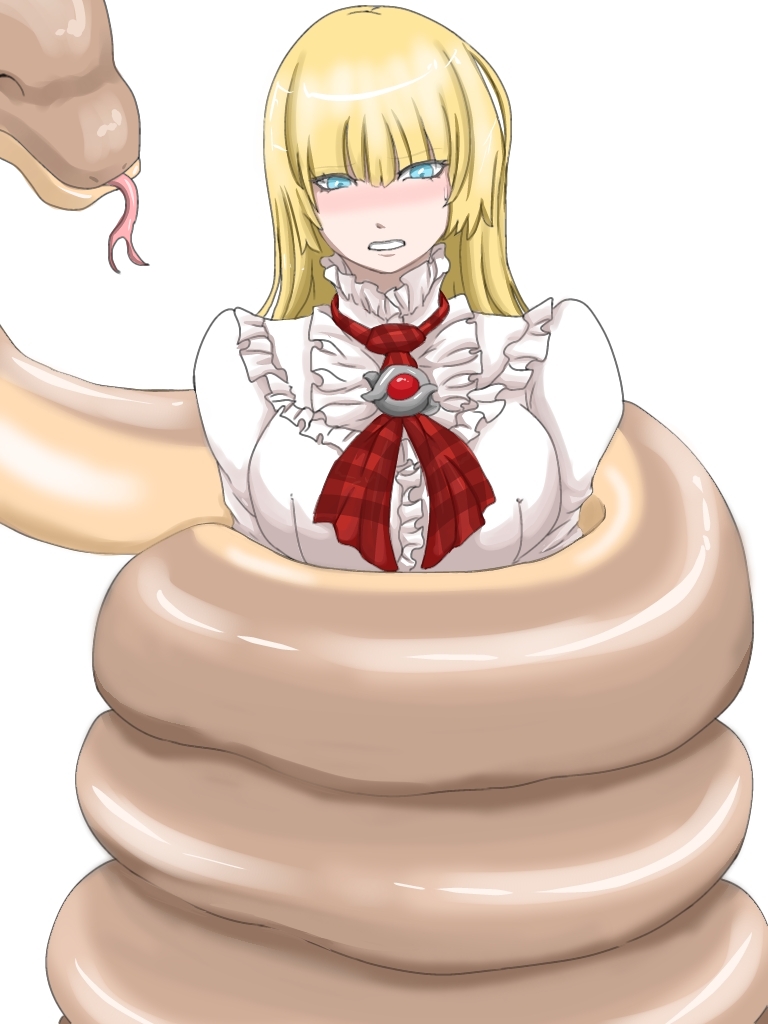 1girl bhm blonde_hair blue_eyes blush clenched_teeth coiled female restrained simple_background snake tekken white_background